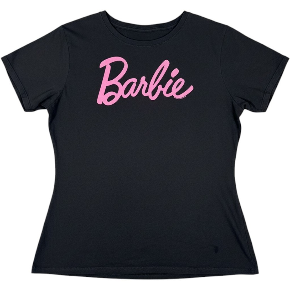 Mattel Barbie Logo Graphic T-Shirt Black Pink Script Short Sleeve Women L